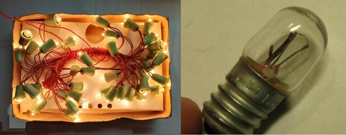 Фото 1.5. Гирлянда «Ёлочная» (СССР, ВЭТЗ, 1969 г.). 40 (!) низковольтных лампочек 6.3 В, 0.22 А. В некоторых исполнениях гирлянды, лампочки красили окунанием в цветной лак. Справа — МНМ 6.3-0.3 — самомигающая лампочка с биметаллическим контактом. При включении светится до нагревания контакта, при нагревании он изгибается и прерывает цепь. Остывая, возвращается на место и снова включает ток. Частота мигания у экземпляров ламп несколько отличалась — если в гирлянде все лампы были МНМ, каждая из них жила своей жизнью. Иногда в цепочке обычных лампочек включали одну мигающую, тогда все фонарики включались-выключались вместе